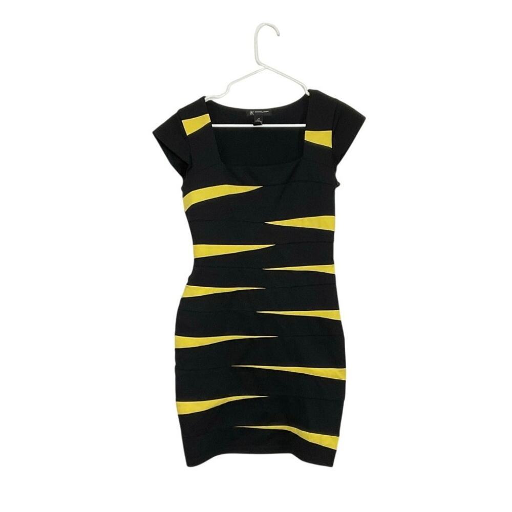 INC Yellow/Black Square Neck Bodycon Dress Cap Sleeve Size 4 Small Bee